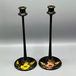 More details for antique art nouveau candlesticks pair tall black painted wooden floral