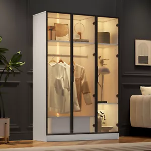 LED Kleiderschrank Garderobenschrank Schlafzimmerschrank, 3 Glastüren, Schublade - Afbeelding 1 van 14
