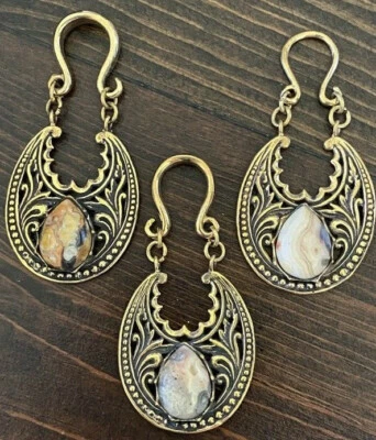 PAIR BRASS EAR WEIGHTS DANGLING CRAZY LACE AGATE STONE PLUGS GAUGES EARRINGS  - Image 1 of 4