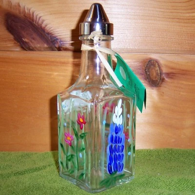 White Gate Glass Boyd&Doyle Cruet Bottle Painted LUPINE Wildflower Oil Vinegar - Image 1 of 4