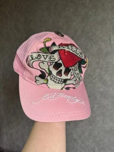 Rare Vintage Ed Hardy Pink Rhinestone Trucker Hat Skull Heart Tattoo Y2K 2000s - Picture 1 of 11
