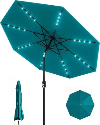 9-футовый светодиодный зонт для патио на солнечных батареях 8 ребер уличный наклонный рукоятка рыночный стол зонт сделано в США - Изображение 1 из 4
