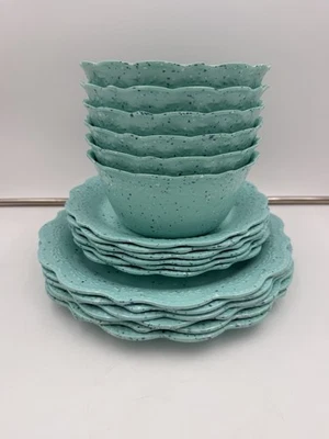 🌺 Juego de vajilla de melamina Pioneer Woman Juliette 18 piezas TEAL 6 cuencos, 12 platos Foto 1 de 4