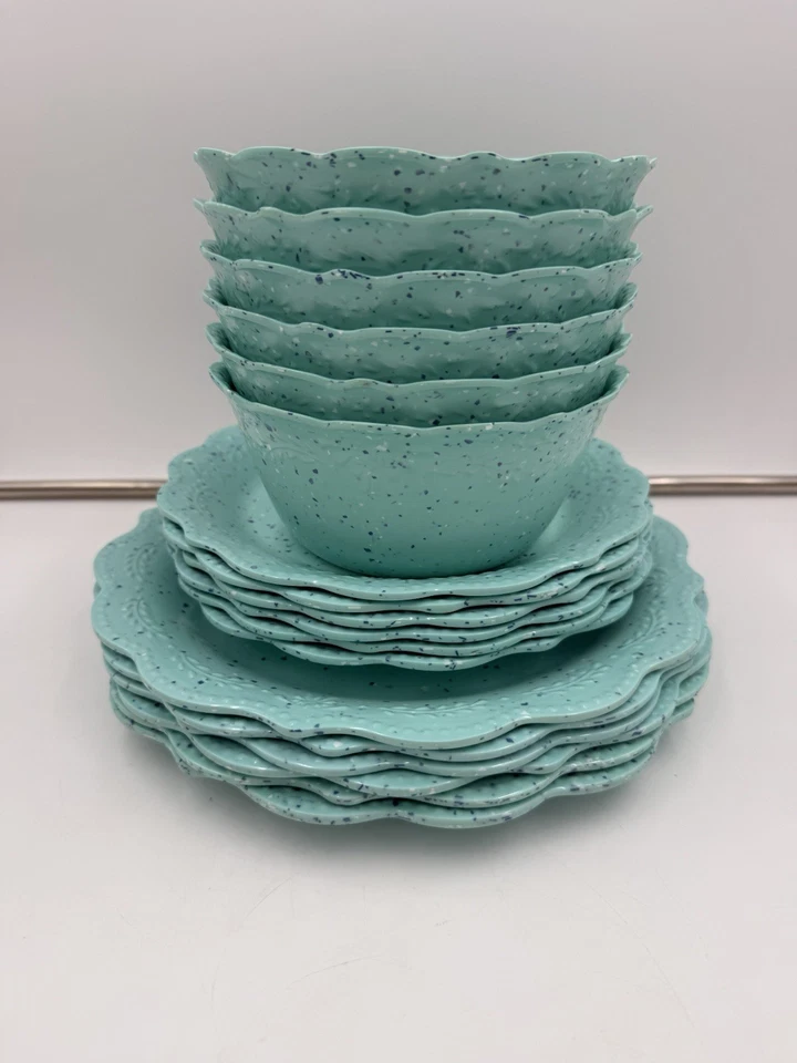 🌺 Juego de vajilla de melamina Pioneer Woman Juliette 18 piezas TEAL 6 cuencos, 12 platos Foto 1 de 4