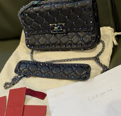 Valentino Handbag Wallet on Chain  Rockstud Spike Oil Stick Black Leather Nappa - Image 1 of 4