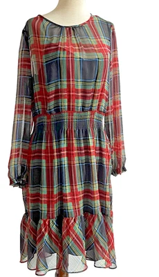 J. Crew UK Women's Plaid Dress Size M Red Long Sleeve Crew Neck - Image 1 of 4