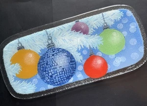 FUN! Peggy Karr Fused Glass Christmas Ornament Print Platter, 13-3/4”x6-1/2” - Picture 1 of 5