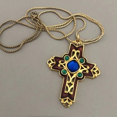 AVON Enamel Cross Blue Green Glass Gold Tone Pendant Necklace - Image 1 of 4