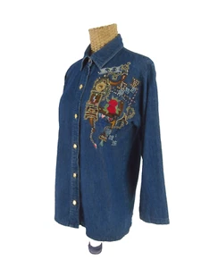 Vtg Le Fate Sono Maglie Womens Small Blue Denim Embroidered Beaded Shirt Italy - Picture 1 of 14