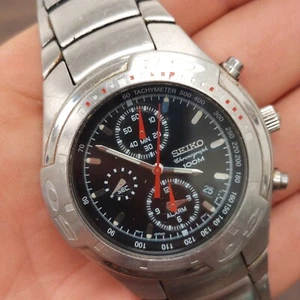 Men’s Seiko Chronograph Wrist Watch 7T62-0BX0 Tachymeter Black Face 100m - Picture 1 of 10