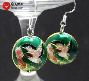 18mm Round Dark Green Cloisonne Earrings for Women Hook Dangle Earring 1.5'' - Picture 1 of 4