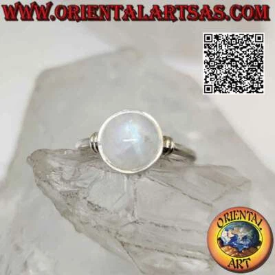 Anello in Argento 925‰ pietra di luna arcobaleno tonda cabochon su montatura lis - Immagine 1 di 4