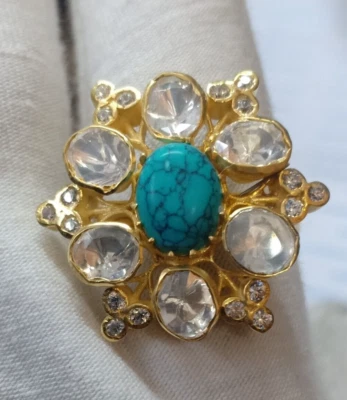 Türkis Edelstein Blume Ring,925 Silber Mossoianite Diamant Hochzeitsgeschenk - Bild 1 von 3