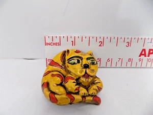 Vintage Painted Cat Brooch Lacquer Wood Face with Pop Art Colorful Pin (T) West - Picture 1 of 4
