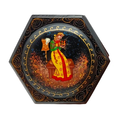 Caja de laca rusa pintada a mano - 2,5" miniatura cuento de hadas La flor escarlata Foto 1 de 4