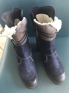 Manas Ladies Leather Boots Size 38/ 5 Blue Fur Interior Zip Lace Ankle NWT £140 - Picture 1 of 13