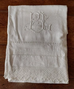 Altes Leinen Mischbettlaken Baumwolle 210 x 300 cm Monogramm PL - Bild 1 von 7