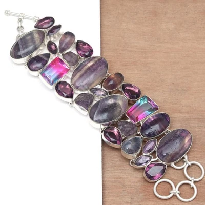 Pulseras unisex para mujer de piedras preciosas de amatista fluorita 7-8 '' Foto 1 de 4