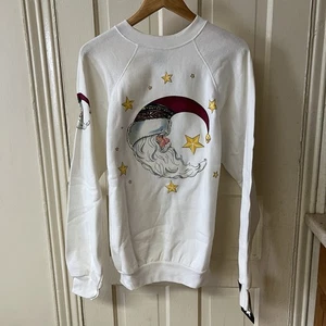Vtg NWT Tultex Santa Half Moon Christmas Sweater White Sz L USA Cottagecore - Picture 1 of 6