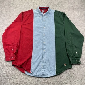 Vtg Tommy Hilfiger Shirt Large Chambray Denim Color Block Button Up Long Sleeve - Picture 1 of 10