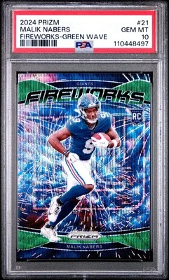 2024 PRIZM #21 MALIK NABERS FIREWORKS GREEN WAVE ROOKIE CARD GIANTS RC PSA 10 - Image 1 of 2