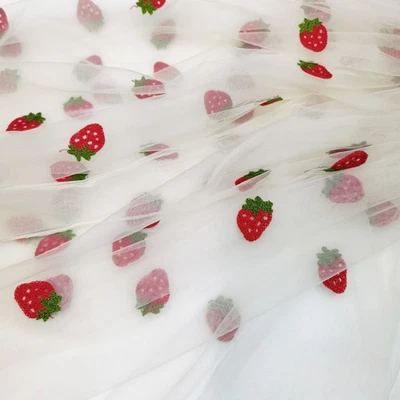 1yard Mesh Embroidered Strawberry Fabric Sheer DIY Sewing 150cm For tutu Dress - Image 1 of 4