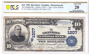 $10 1902 DB National FRANKLIN Massachusetts MA 🇺🇸 Mega Rare! Only 2 on Census! - Picture 1 of 2