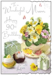 Mama 90. Geburtstagskarte - Cupcake und Blumen in Teetasse mit Glitzerfolie 9x6,25" - Bild 1 von 2
