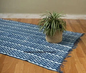 Cotton Area Rug Indian Bohemian Hand Block Print Designer Carpet 3.6x6 Ft Indigo - Picture 1 of 3