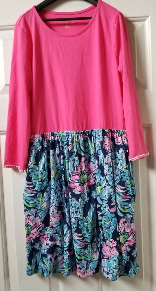 Vestido Lilly Pulitzer Niñas XL 12/14 Mangas Largas Rosa Caliente Azul Floral Piñas Foto 1 de 4