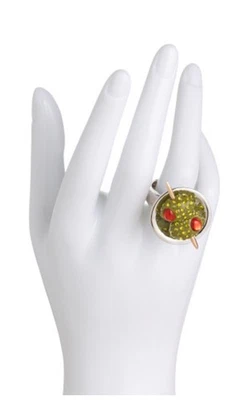 NEW Betsey Johnson Stretch Silver Tone MARTINI GREEN OLIVES COCKTAIL RING - Image 1 of 4