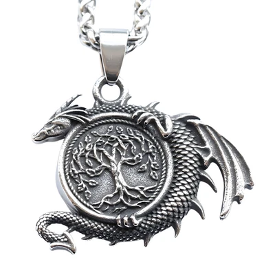 Viking Dragon Tree of Life Pendant Necklace Men– Stainless Steel Nordic Run 1067 - Image 1 of 4