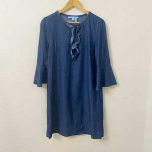 Draper James Size 8 Chambray Dress Dark Wash Denim Ruffle 3/4 Sleeve - Picture 1 of 5