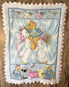 Vintage Jelly Bean Junction Chambray Ponies Baby Crib Quilt Blanket Bear Horse - Picture 1 of 3