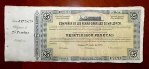 Compañia de los Ferrocarriles de Mallorca 25 Pesetas 1885 Banknote/bond AU/UNC - Picture 1 of 2
