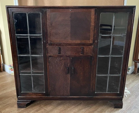 Herbert Gibbs 48" cabinet Antique bookcase glass doors locking wood arts & craft Cover