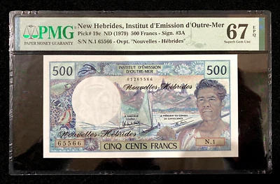 Nuevo Instituto de Hébridas Emisión de Mer Exterior 500 Francos 1979 P-19c PMG 67EPQ UNC Foto 1 de 2