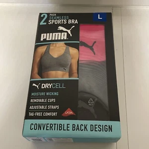Puma Women's Seamless Sports Bra 2 Pack, Pink/Black, Size L - Picture 1 of 5