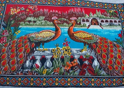 Vintage 1970s Two Peacock Flower Garden Tapestry Wall Hanging 54" x 35" Ramallah - Image 1 of 4