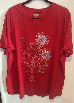 Camisa MainStreet Azul Talla 1X Roja Tejida con Flores Bordadas Manga Corta Foto 1 de 4