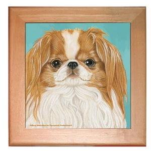 Japanese Chin Dog Kitchen Ceramic Trivet Framed in Pine 8" x 8" - Picture 1 of 1