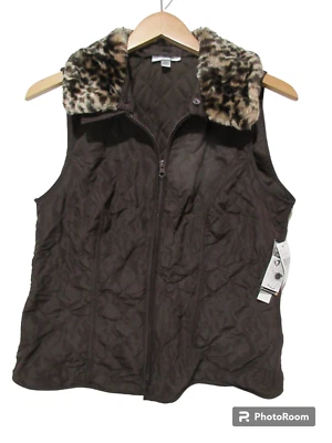 Talla L Nuevo Con Etiquetas Kim Rogers Marrón Acolchado Chaleco EXTRAÍBLE Piel Sintética COLLAR Cremallera Completa NUEVO Foto 1 de 4