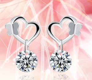Silver tone hanging diamond style butterfly on heart stud earrings - Picture 1 of 1