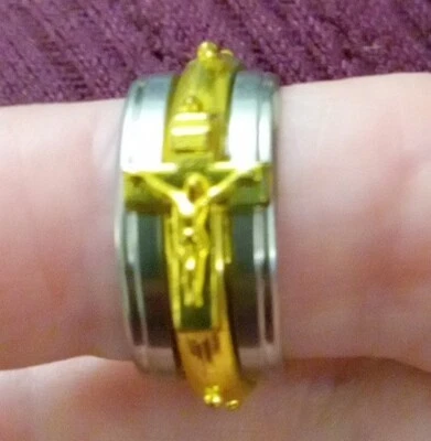 Anillo Rosario Giratorio Plata Oro Talla 6 y 7 Acero Inoxidable Cruz Crucifijo Católico Foto 1 de 4