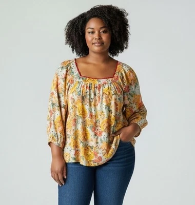 Anthropologie Fig & Flower Linen Blend Floral Peasant Top Plus 2X Yellow - Image 1 of 4