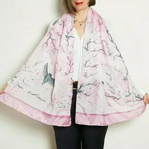 Cherry Blossoms Hand Painted Silk Scarf Pink Sakura Floral Scarf Birthday Gift - Picture 1 of 12