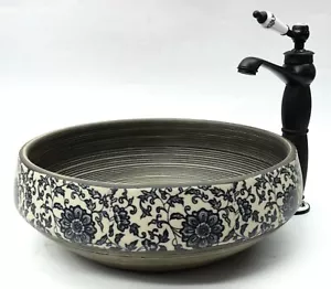 Vintage floreale nero grigio bagno in ceramica da banco top lavabo lavandino ciotola unità - Foto 1 di 20