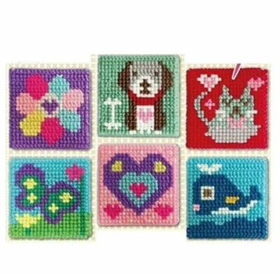 KANDY TOYS 3 x Beginners Child Cross Stitch Cat Dog Heart Whale Flower Butterfly Age 6+