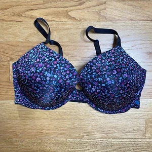 Victoria's Secret Push-Up Size Bra 38DD Black Floral Lightly Padded Pink Teal - Picture 1 of 5