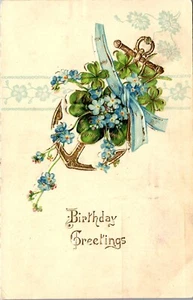 Vintage Birthday Postcard Pretty Gold Gilt Anchor with Flowers  - Picture 1 of 3